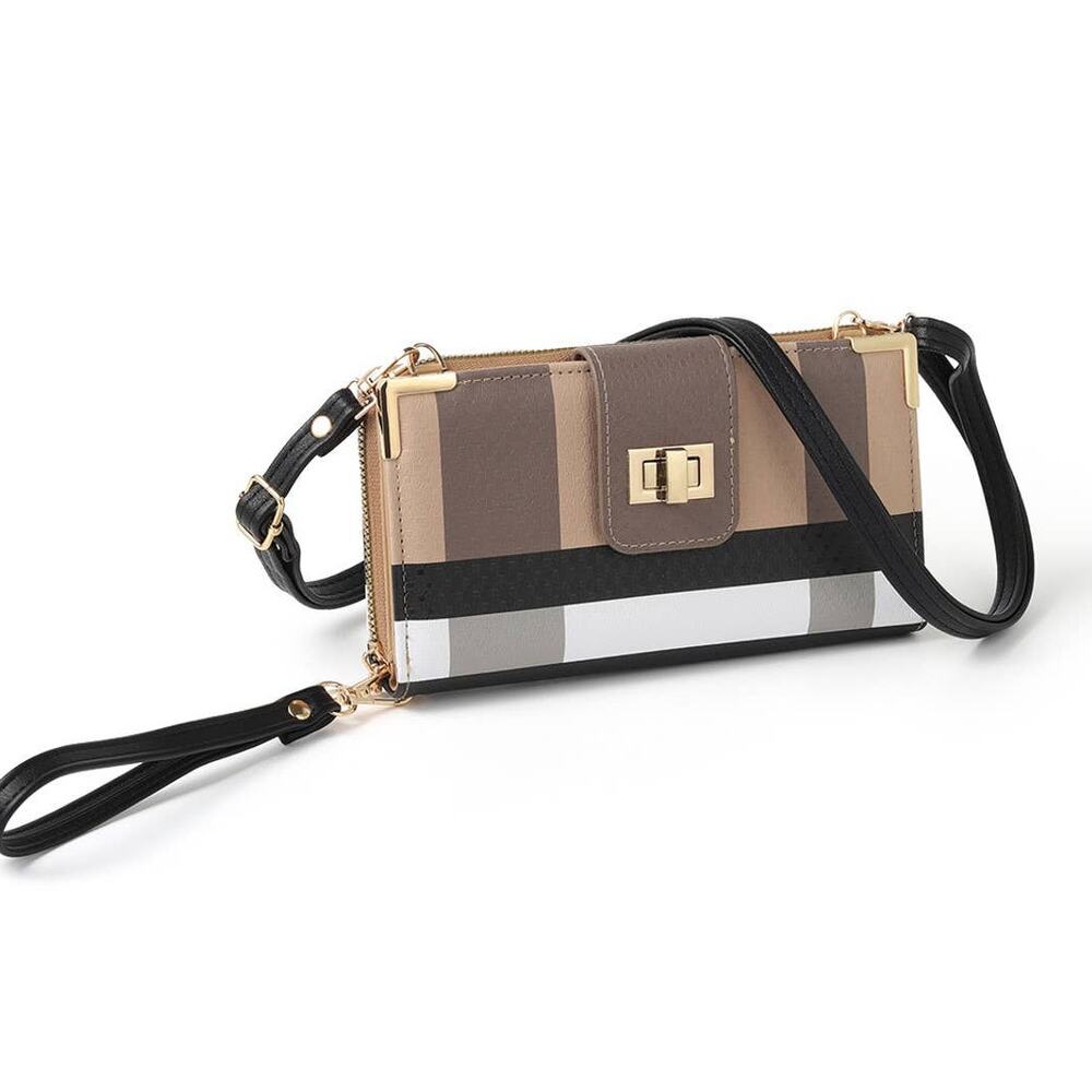 Ladies Tartan Wallet on Crossbody Wristlet Strap Tan